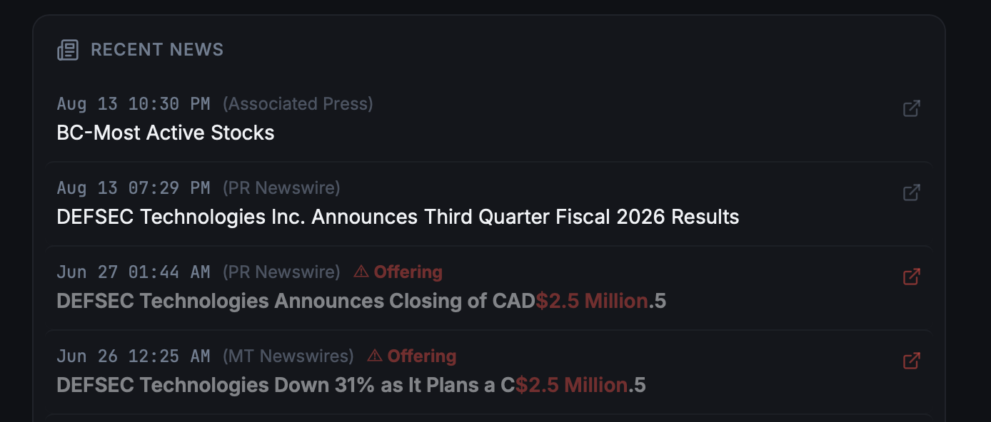 RiskScale live news feed automatically flagging dilutive offering headlines